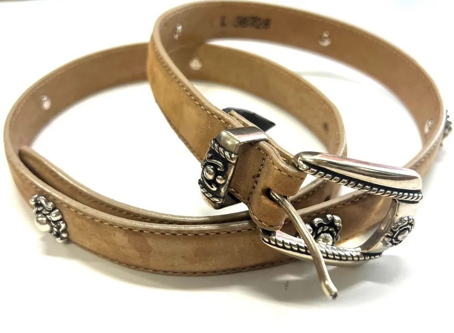 Belt Vintage 90's Brighton L Silver Suede Leather Western Cowgirl Quiet Luxury