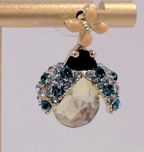 Blue Crystal Ladybug & Yellow Enamel Flower Earrings Fairy Cottagecore Garden