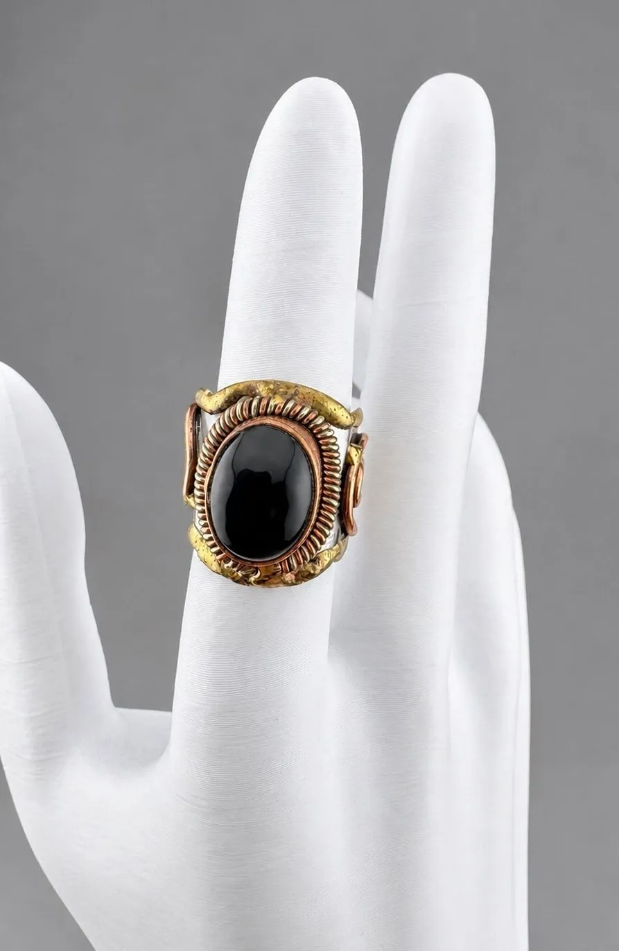 Adjustable Copper and Brass Ring with Black Oval Stone