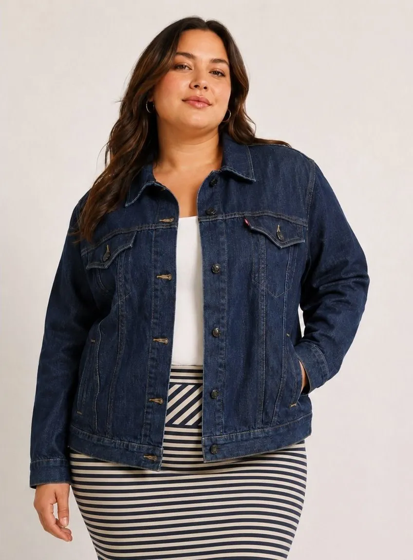 Levi Strauss & Co Women Dark Wash Denim Trucker Jacket Plus 2X Stretch Blue
