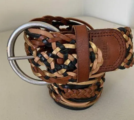 Fossil Tricolor Brown Black Gold Braided Leather O-Ring Silver Buckle Belt Small