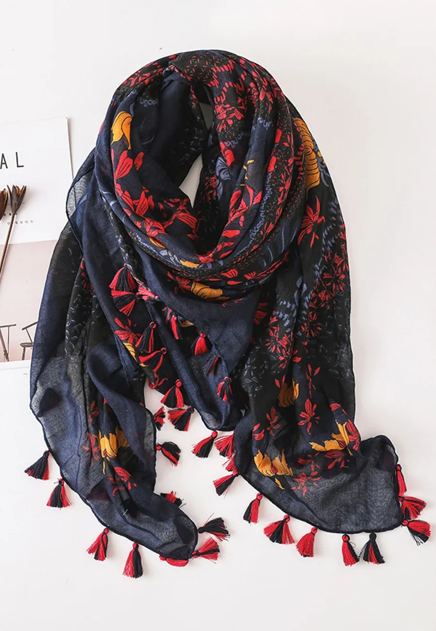 NEW Boho Butterfly Design Tasseled Rectangle Soft Chic Scarf Large Blue Pink