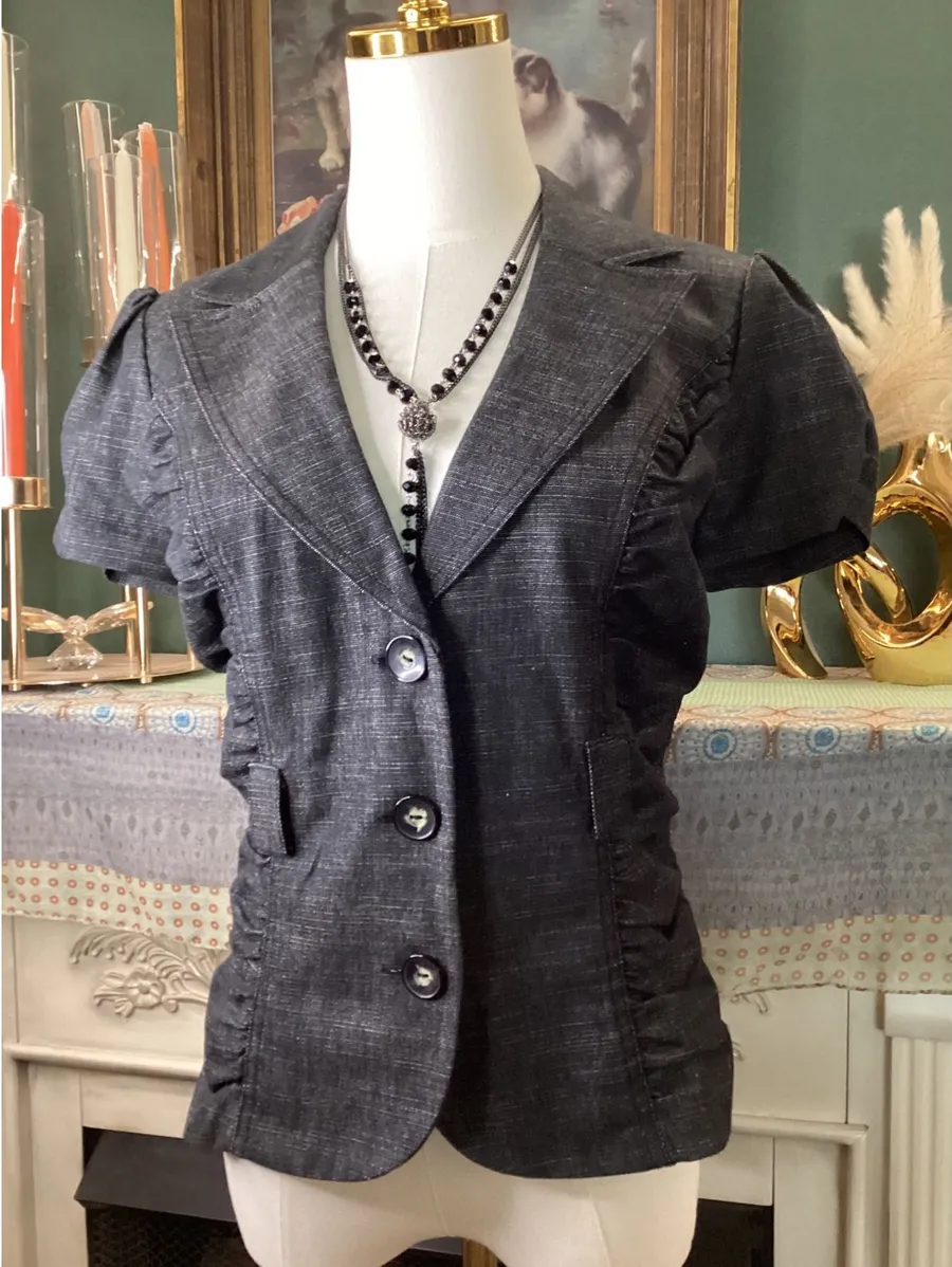 A. Byer Juniors Grey Short Sleeve Ruched Puff Sleeve Blazer Jacket Size M