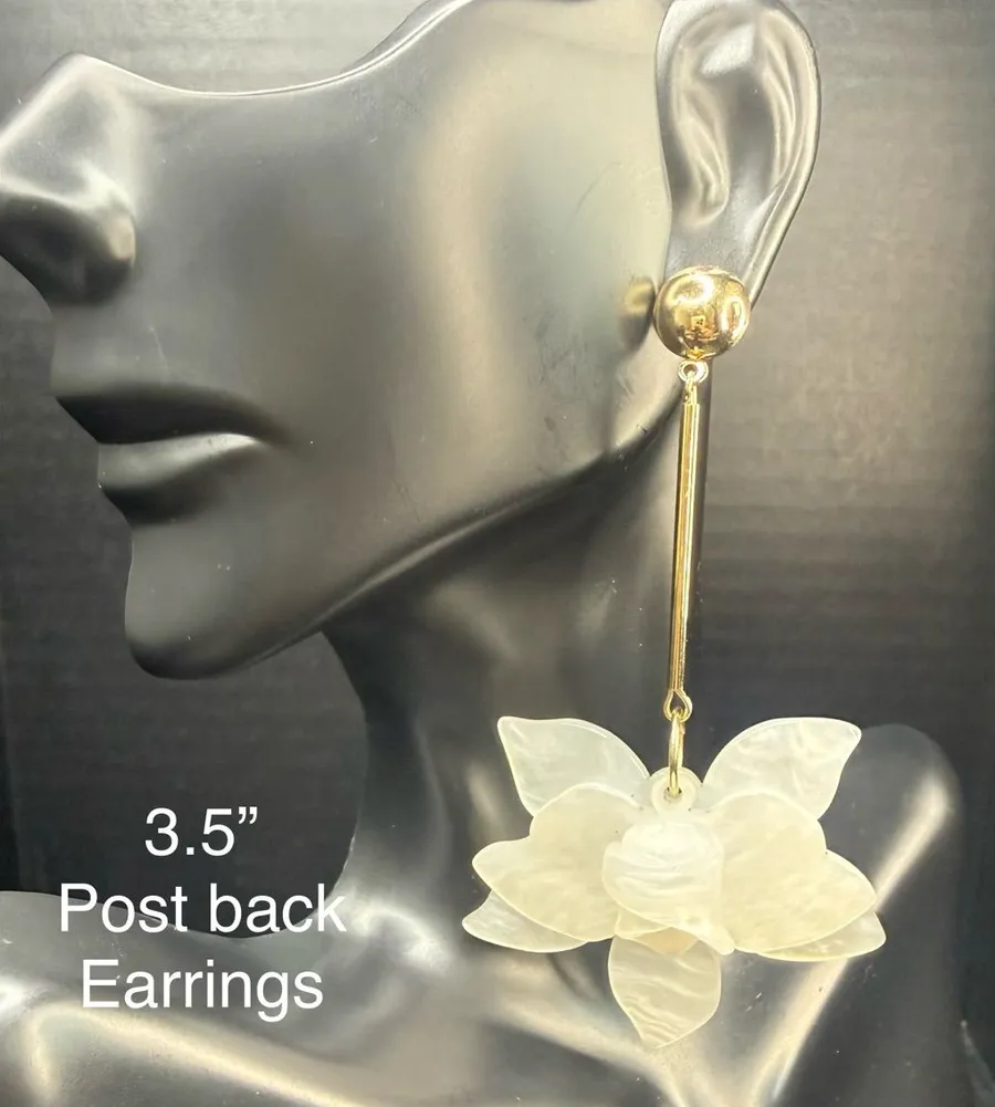 Gold Drop Earrings with White Floral Pendant