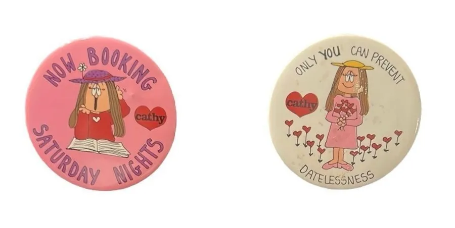 Set of 2 vintage Cathy Cartoon Buttons