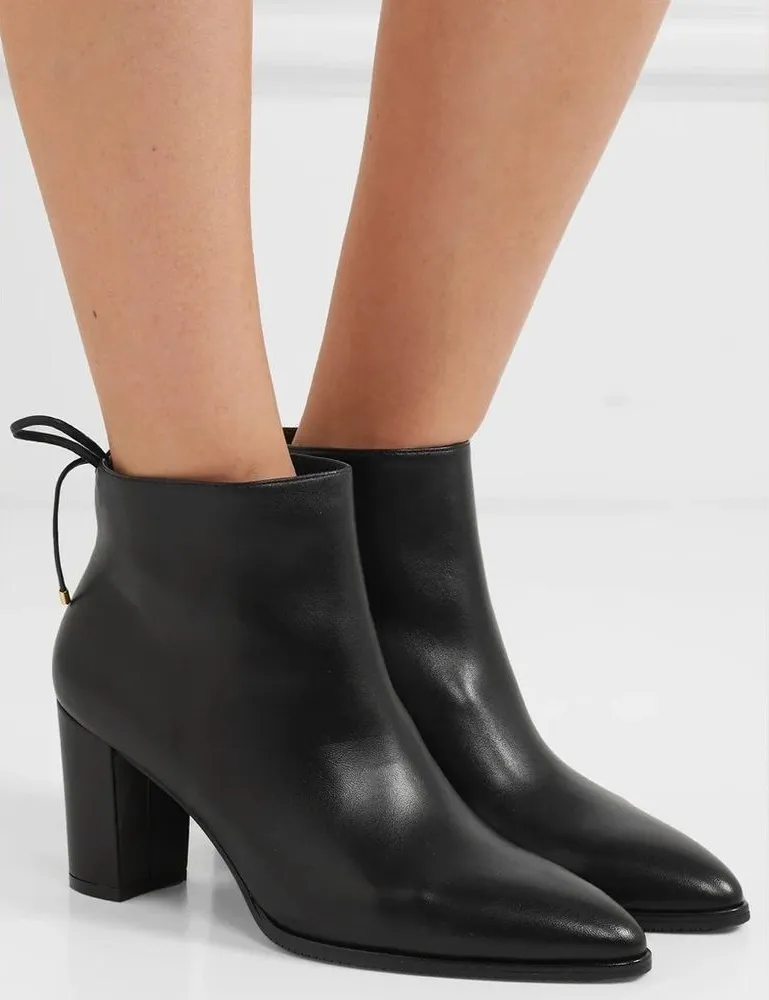 Stuart Weitzman Gardiner Black Lambskin Leather Tie Back Block Heel Booties 7B