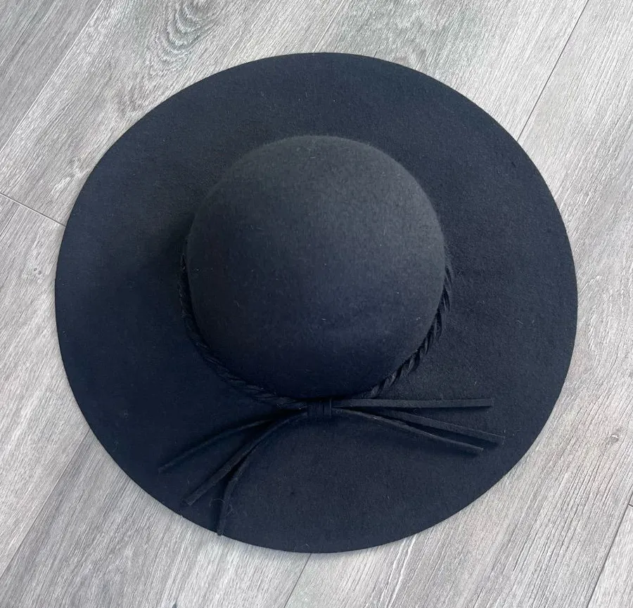 Women's Black Wide Brim Floppy Wool Hat Bow Boho Chic Fall Winter