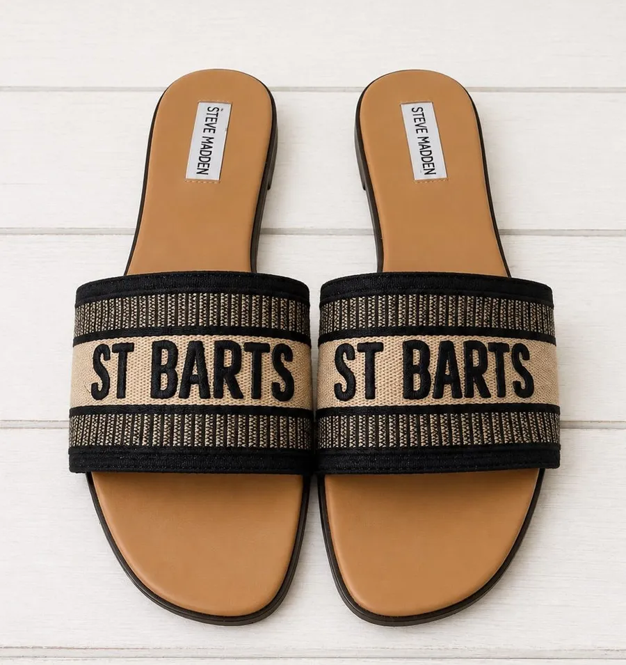 Steve Madden Black/Tan St Barts Slip-On Slide Travel Resort Sandals Size 9.5