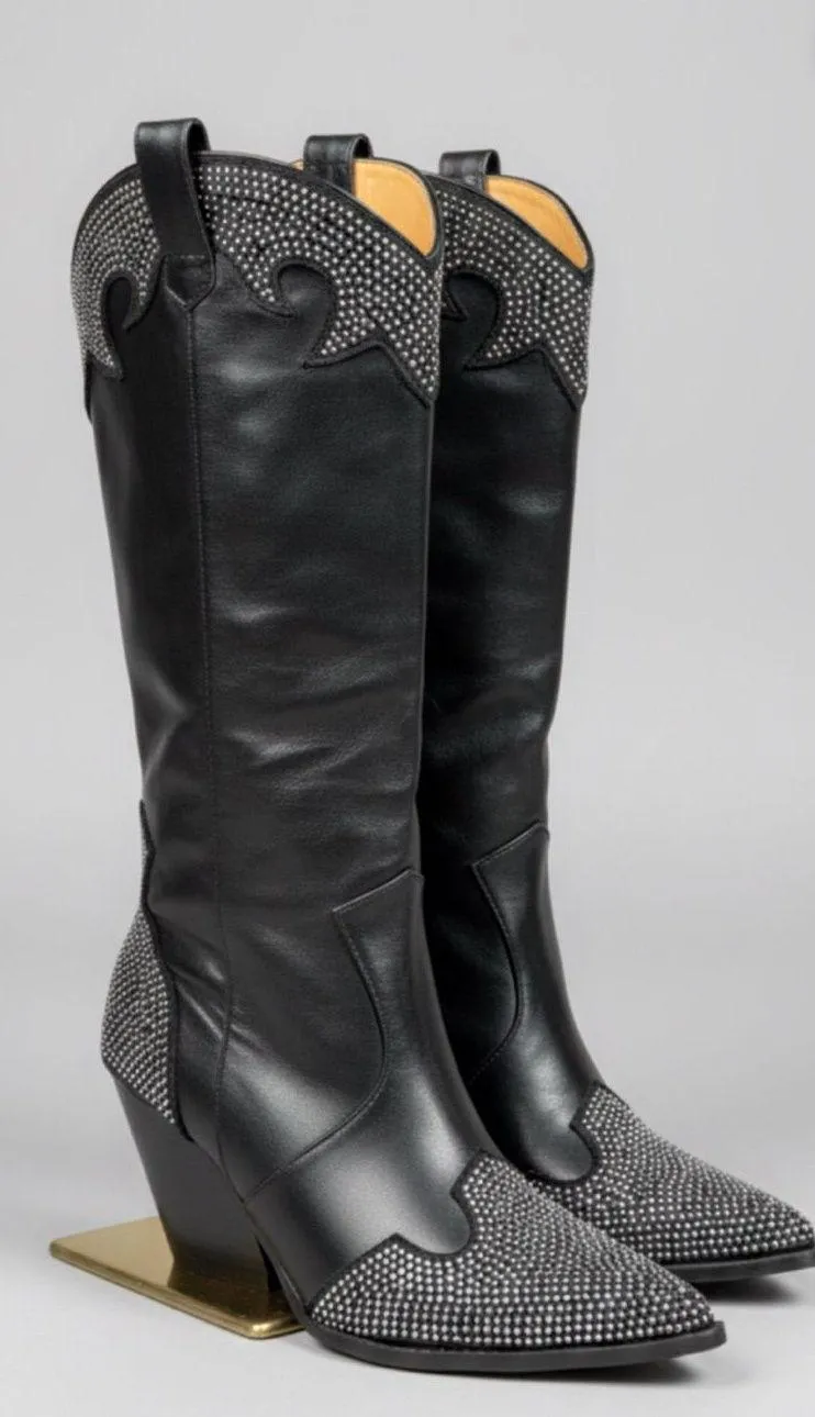Black Embellished Western Knee