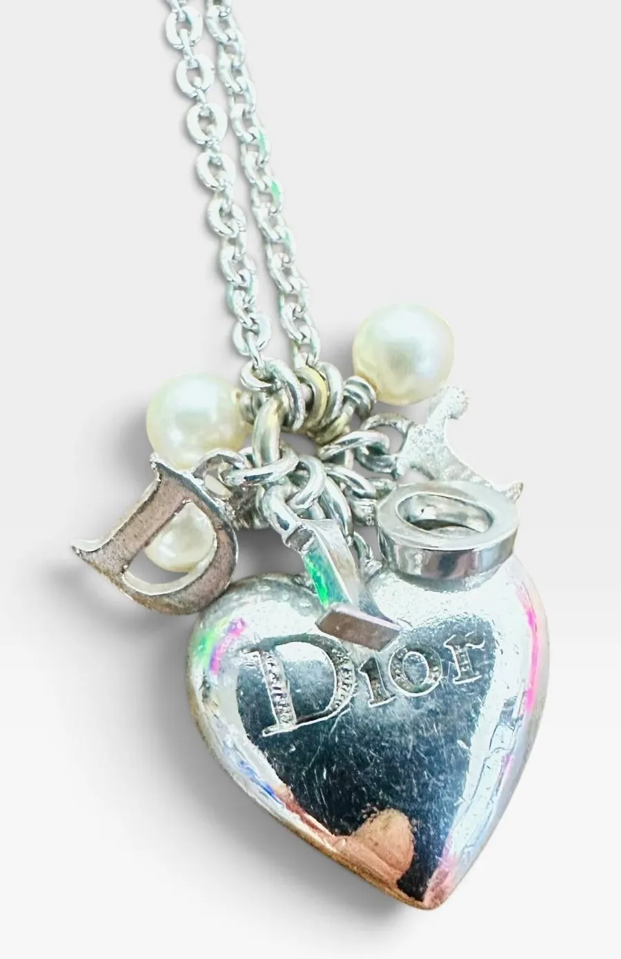 Dior Silver Tone Heart Pendant Pearl Charm Chain Necklace Love Logo Jewelry