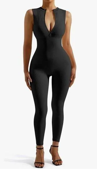 NEW Ribbed Seamless 1 Pc Jumpsuit Zip Up Bodycon Capri L Black Size L
