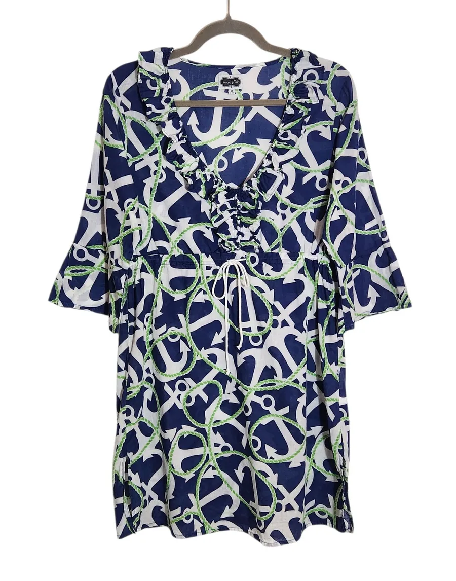 Mudpie Cotton Navy Anchor Print Tunic Swim Cover-Up Size Medium