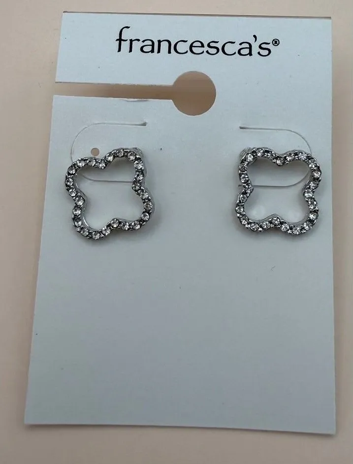 Francesca's Silver Pave Outline Clover Stud Earrings Crystal Quatrefoil New
