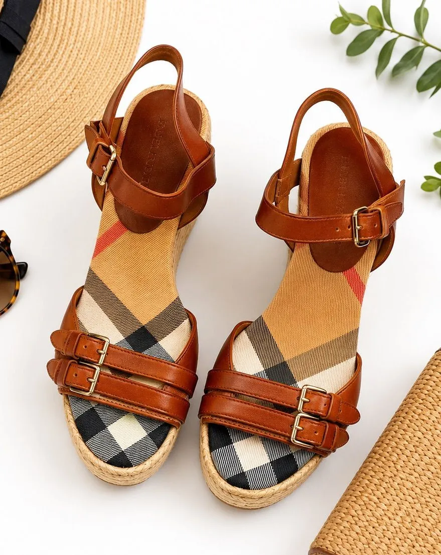 Burberry Tan Leather Check Canvas Espadrille Wedge Sandals EU 35 Italy GUC FLAW
