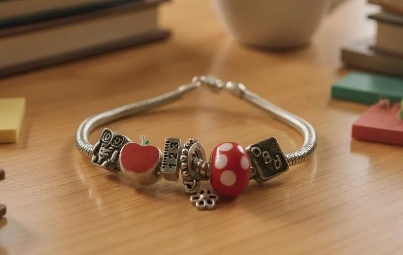 Silver Tone & Red Teacher European Charm Bracelet