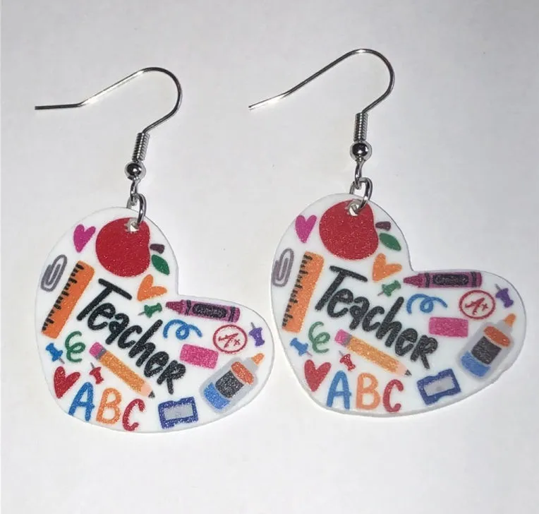 Colorful Teacher Heart Earrings Red
