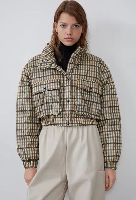 Zara Multicolor Cropped Plaid Puffer Jacket - Beige Multi - NWOT