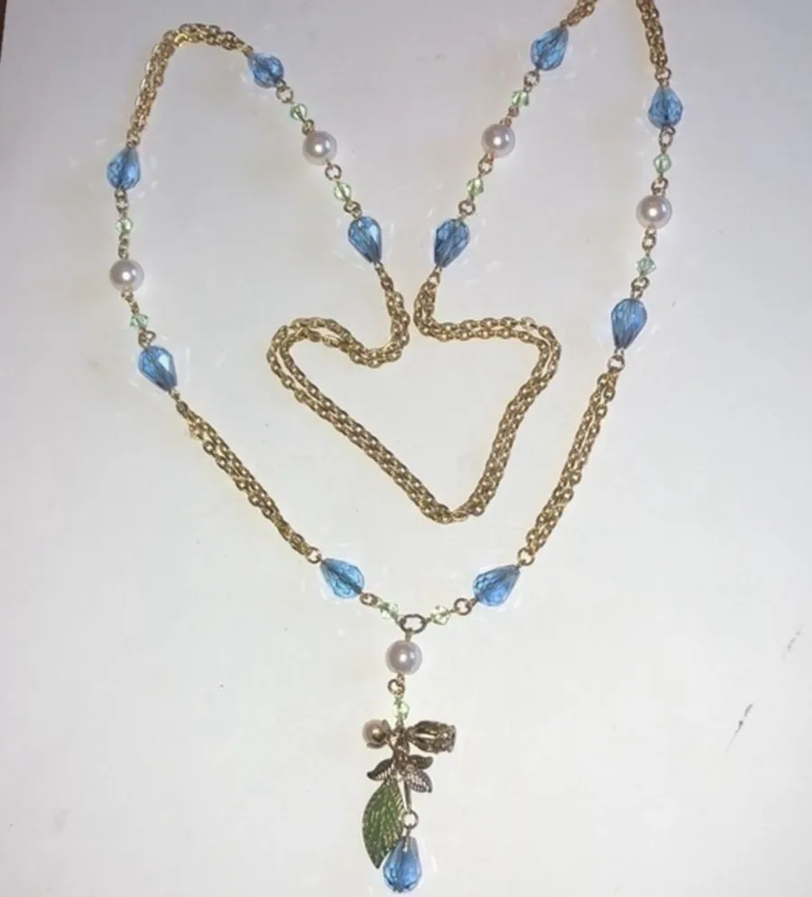Vintage Gold Tone & Clear Blue Rainbow Coating Beaded Tassel Pendant Necklace