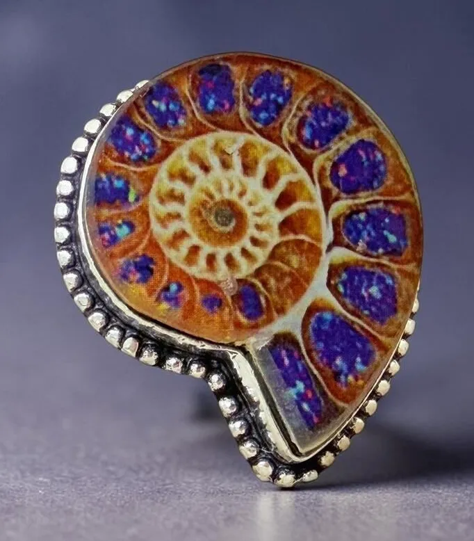 Ammonite Style Dichroic Glass Ring 925 Silver Overlay