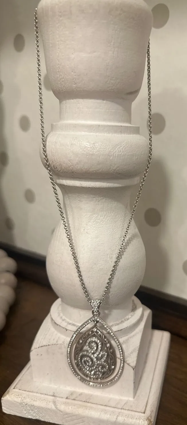Brighton Sheraz Teardrop Filigree Pave Crystal Pendant Necklace Adjustable Chain Silver