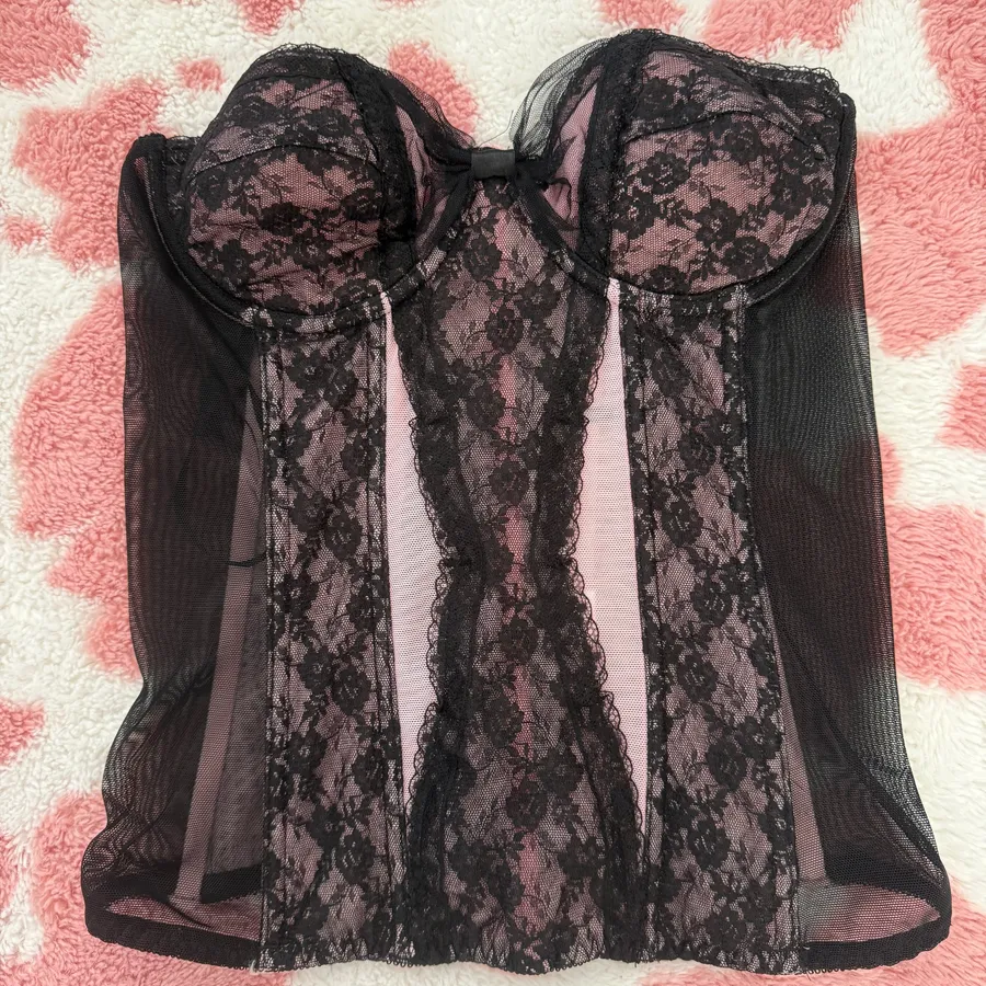 Fredericks of Hollywood Black Lace Corset Bustier Top Y2K Coquette Sheer Mesh Size 32