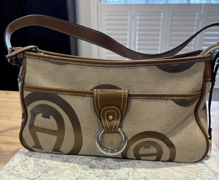 Etienne Aigner Logo Tan Shoulder Purse Leather and Canvas Women's Handbag