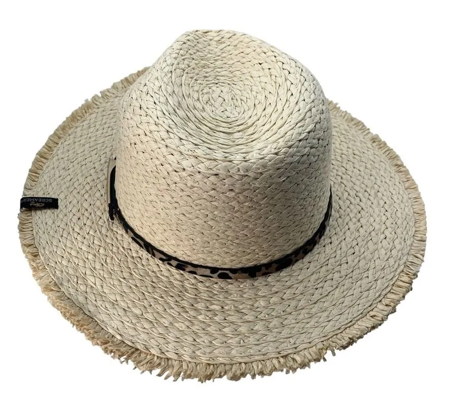 Screamer Straw Fedora Hat Leopard Print Band Frayed Brim Summer Beach Tan