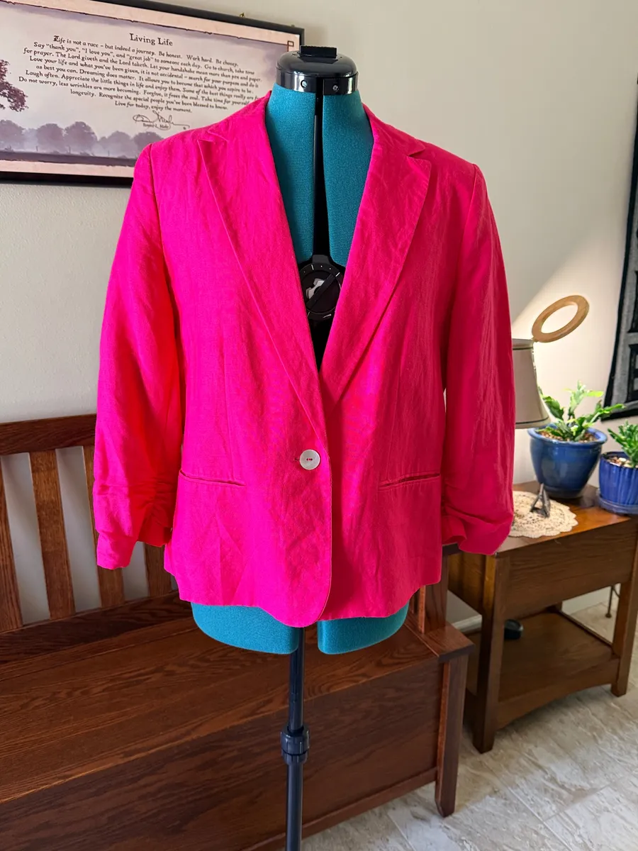 NY Collection Pink One-Button Lined Blazer Jacket 3/4 Sleeve Size 14