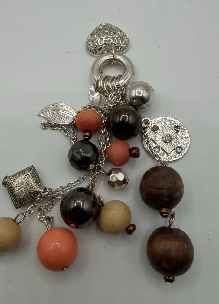 Boho Cluster Pendant Silver Tone Wood Beads Coral Dangle Statement Charm