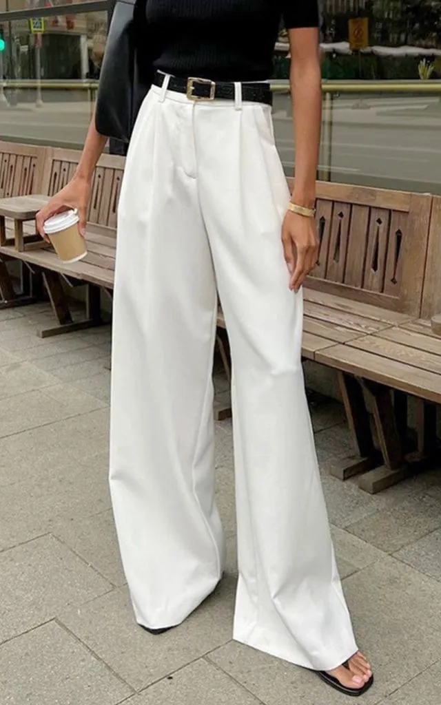 Commense Solid Wide Leg Pants Without Belt size small White