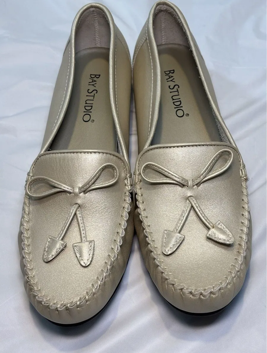 Bay Studio Women’s Metallic Champagne Gold Bow Ballet Flats Slip On Shoes 7.5
