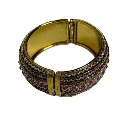 STATEMENT Bracelet Hinged Cuff Gold tone Purple Peridot Lucite Stones 7" Purple