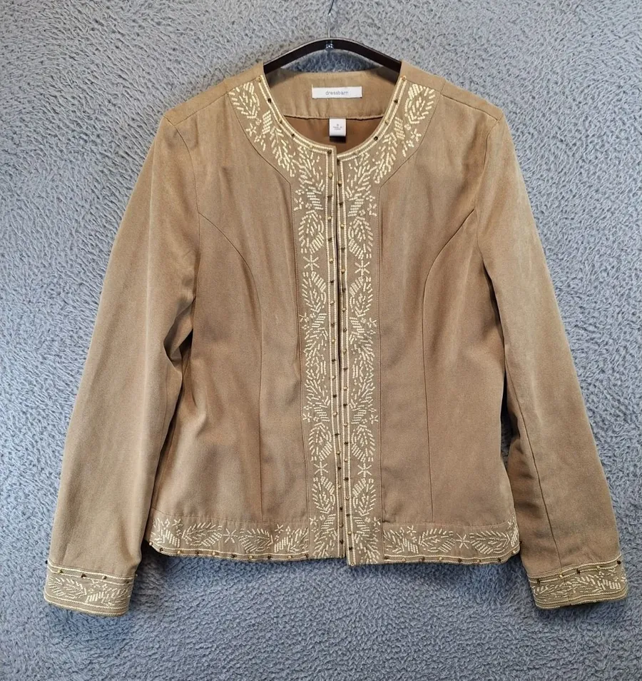 Dressbarn Jacket Women S Beige Embroidered Beaded Embellished Open Front