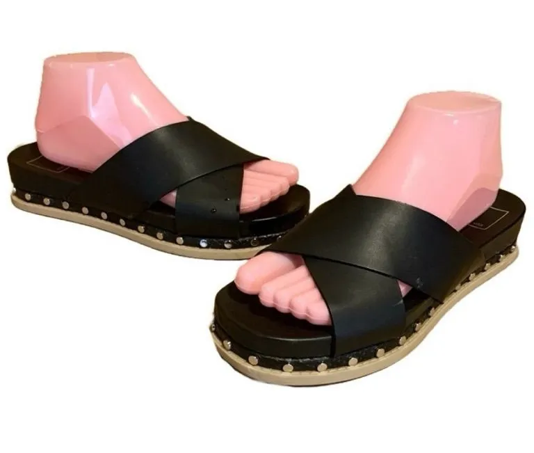 DOLCE VITA "GRACY" BLACK FAUX LEATHER SLIDE ON ESPADRILLE SANDALS (7.5)