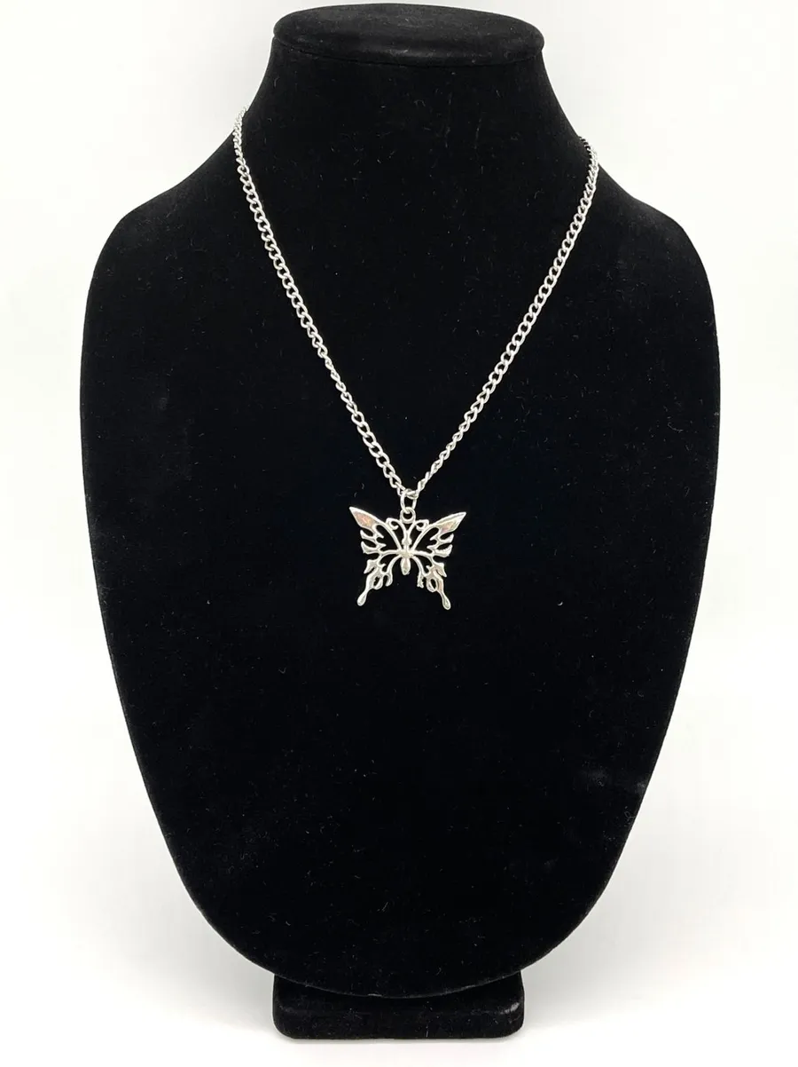 Butterfly Pendant Necklace Silver Tone Cyber Y2K Goth Alt Festival Fairy McBling