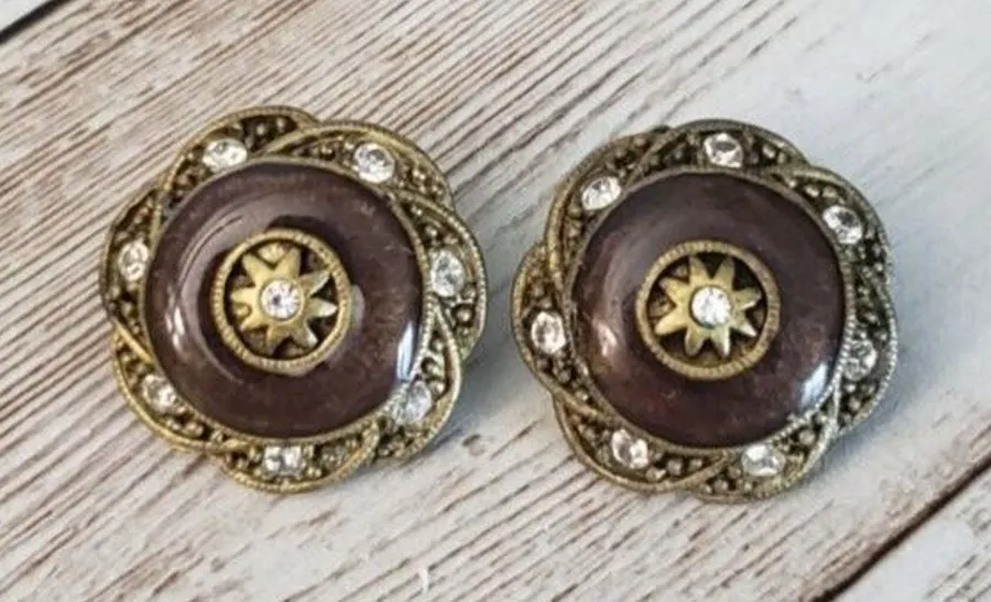Vintage Clip On Earrings Bronze & Brown with Clear Gem Statement 0.75"