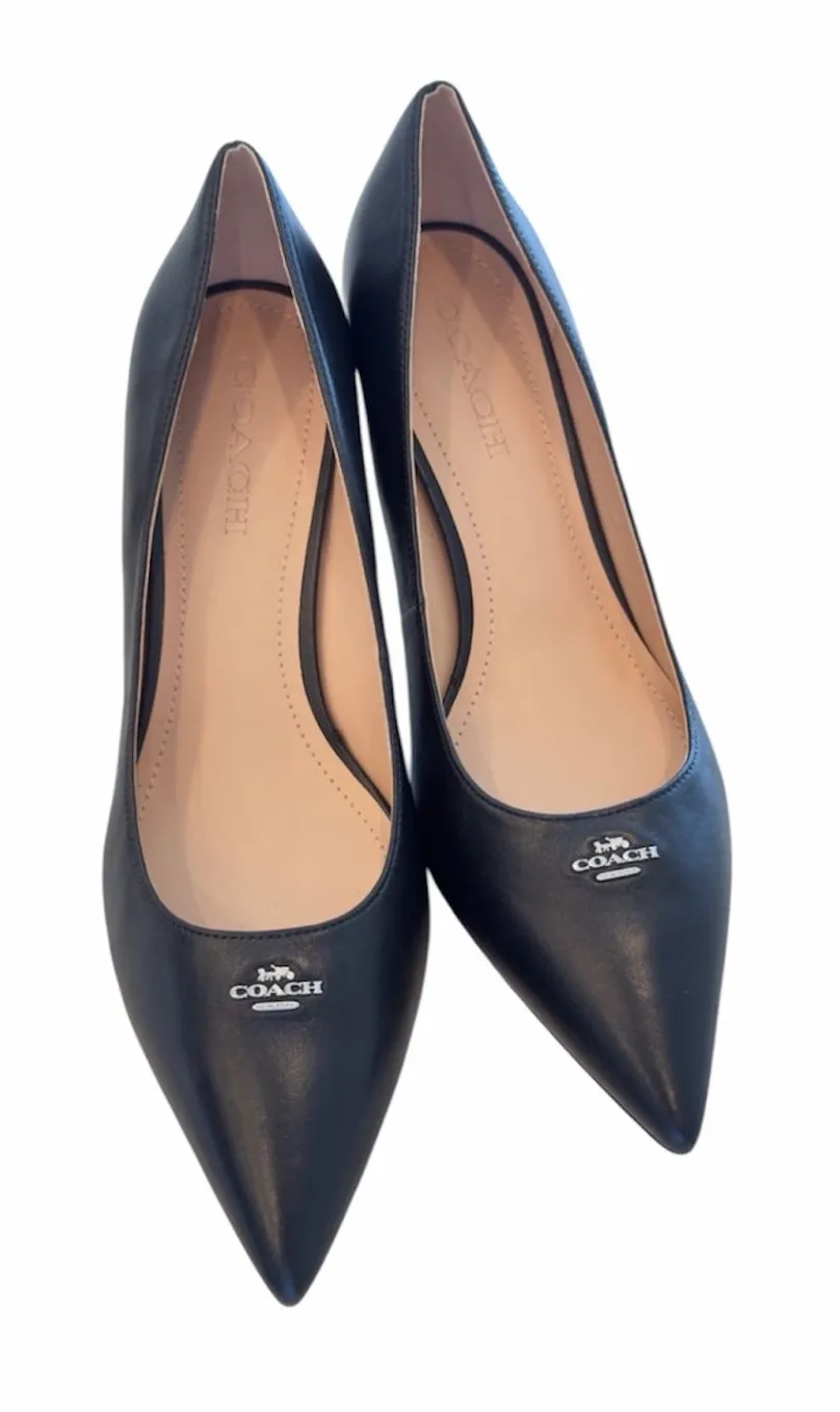 NWOT Coach Black Pointed-Toe Leather Heels with Silver Logo