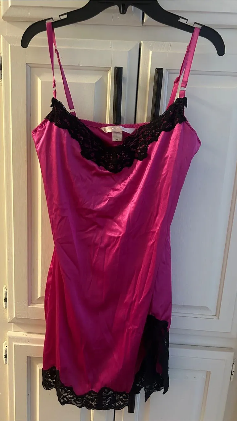 Victoria's Secret Hot Pink Satin Slip with Black Lace Trim 36c