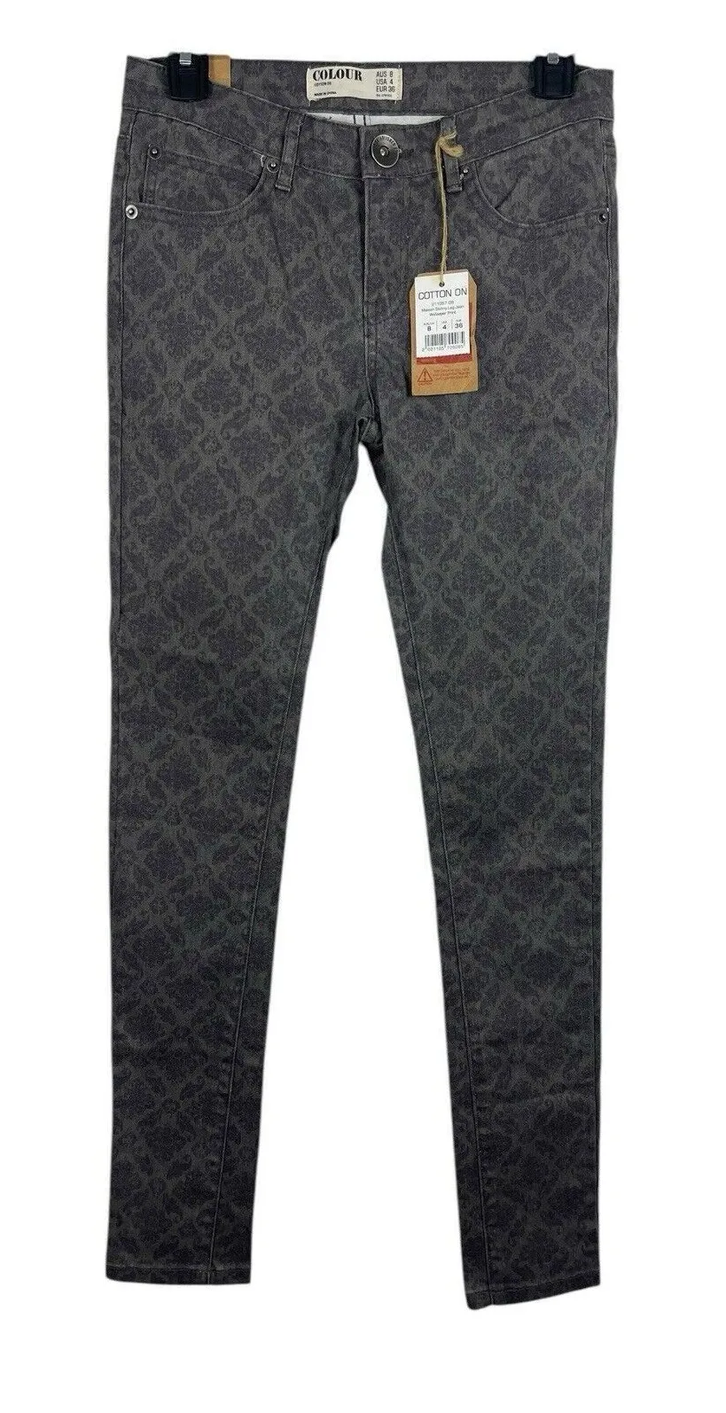 Cotton On Colour Maison Skinny Leg Wallpaper Fleur De Lis Gray Denim Size 4 NWT