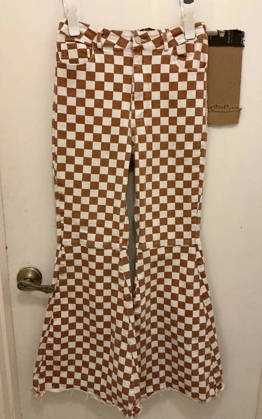 Blue B Collection Size L Brown and White Checkered Flare Pants Size L