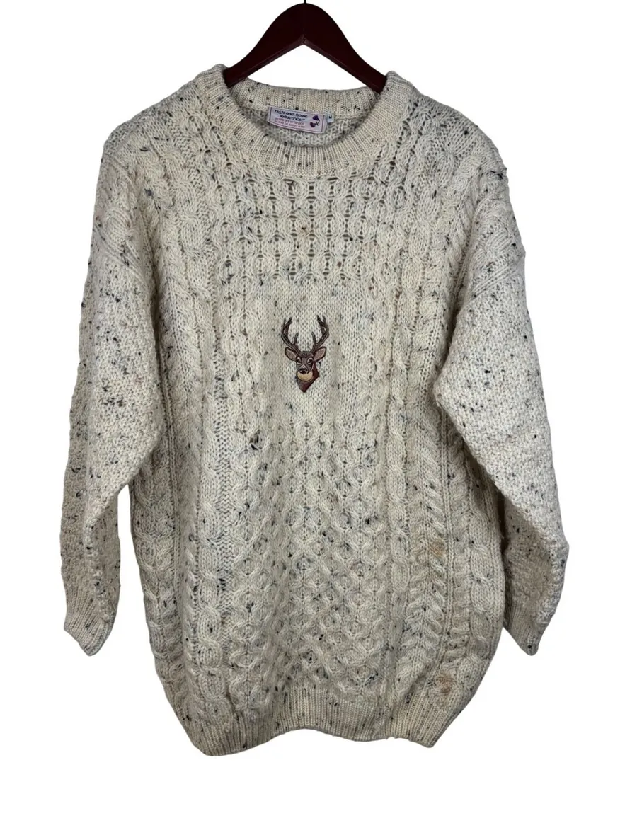 Vintage Highland Home Industries Sweater M Grandma Wool Cable Knit Deer Scotland Size M