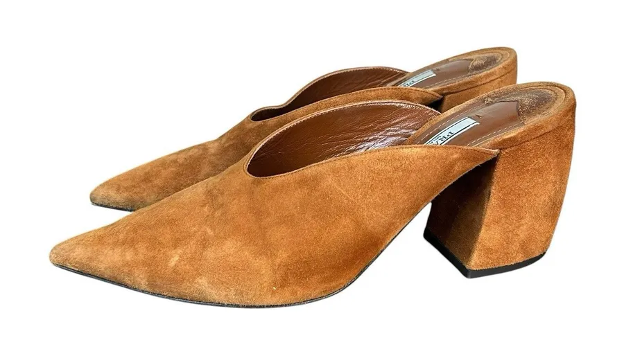 Prada Milano Brown Suede Pointed Toe Mule Block Heel Slides Women’s EU 37 US 7