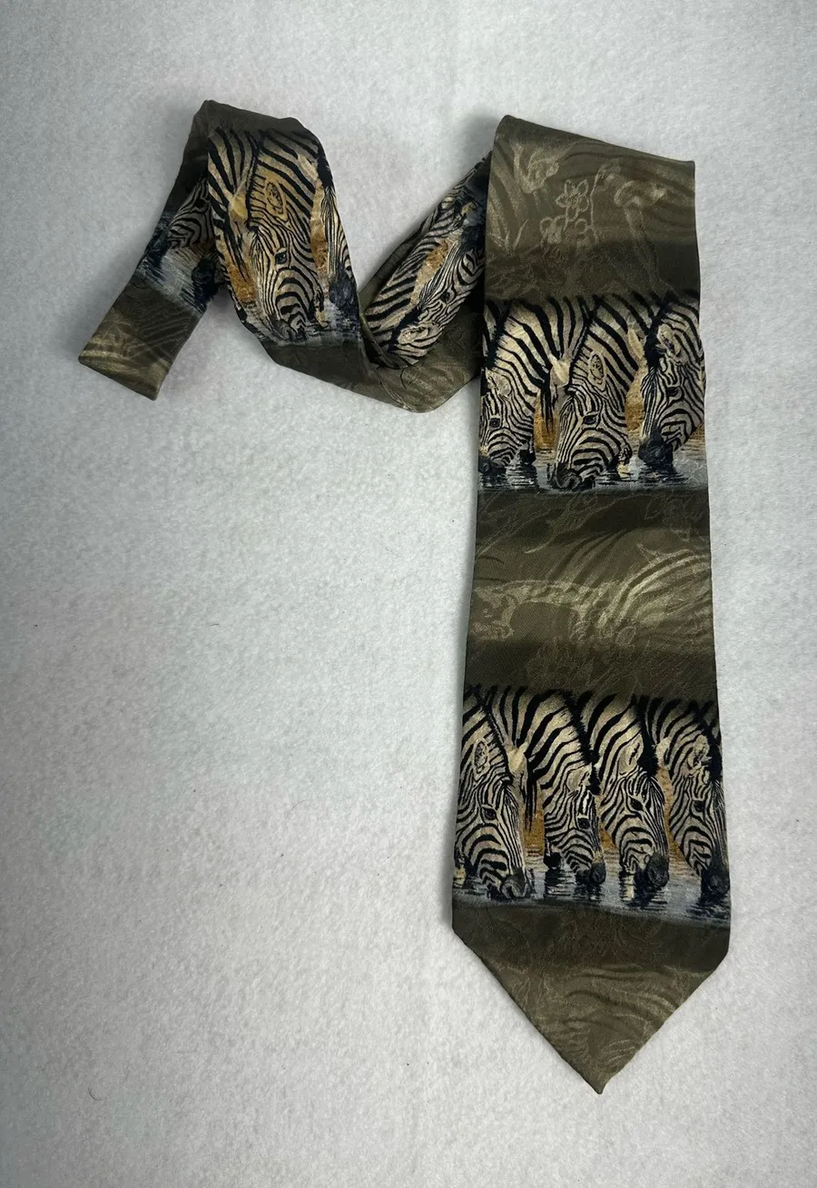 Endangered Species Mens Tie Silk Art Zebras At The Waterhole Necktie Vintage Green