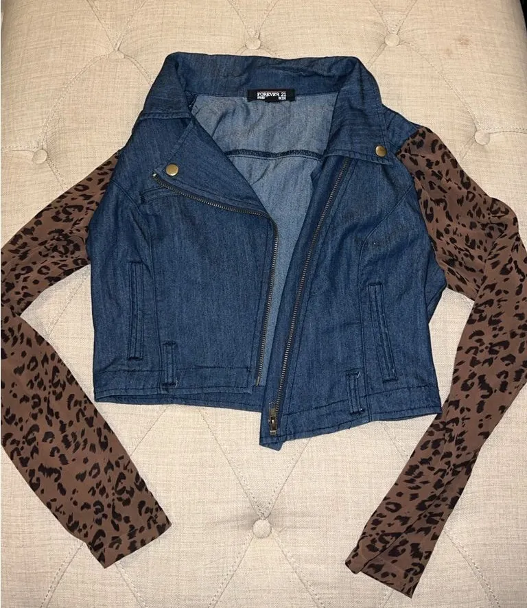 Forever 21 Dark Blue Denim Jacket with Brown Leopard-Print Sleeves
