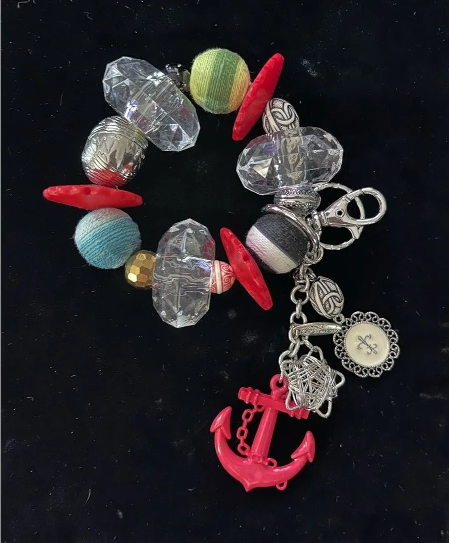 Nautical Charm Beaded Bracelet with Red Anchor