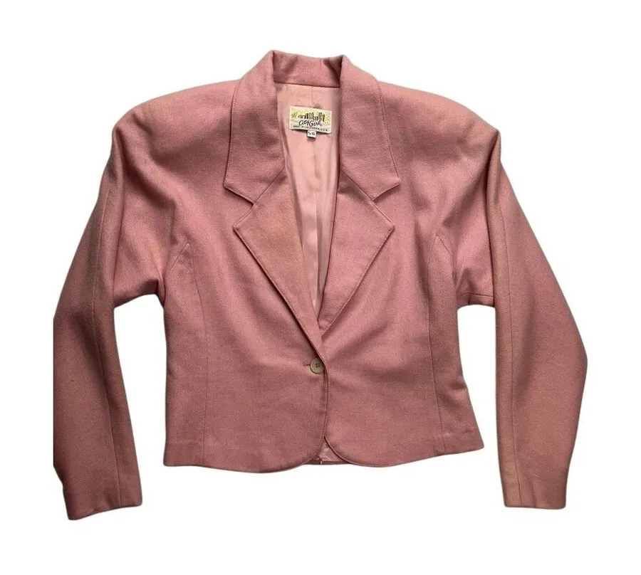 Vintage City Girl Blazer Women 5/6 Pink 80s Cropped Shoulder Pads Made in USA Size 4
