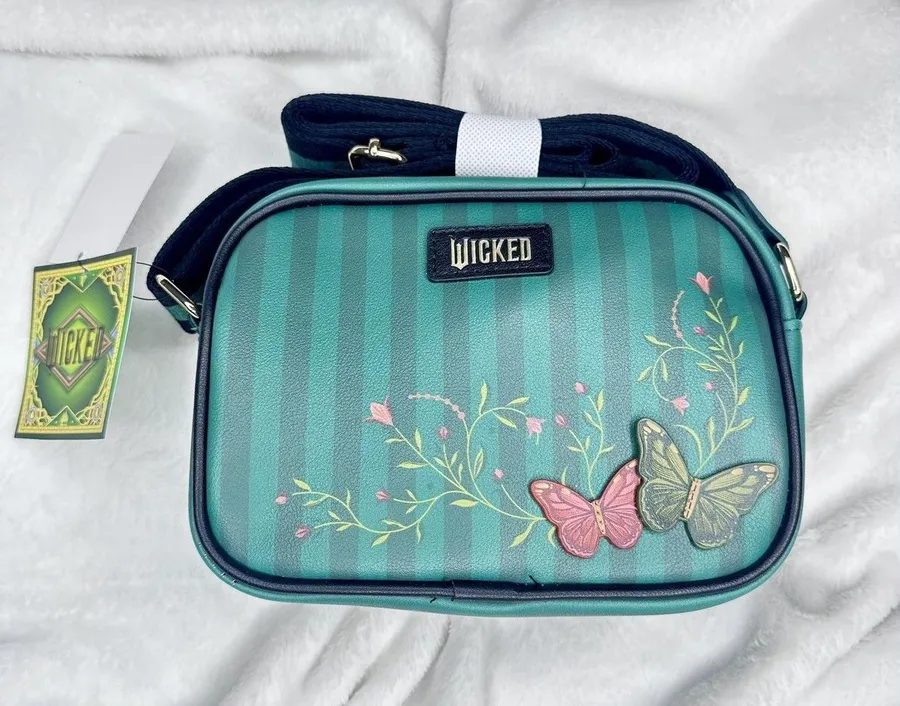 Wicked Bioworld Crossbody Bag Womens Small Green Butterflies Faux Leather Zip
