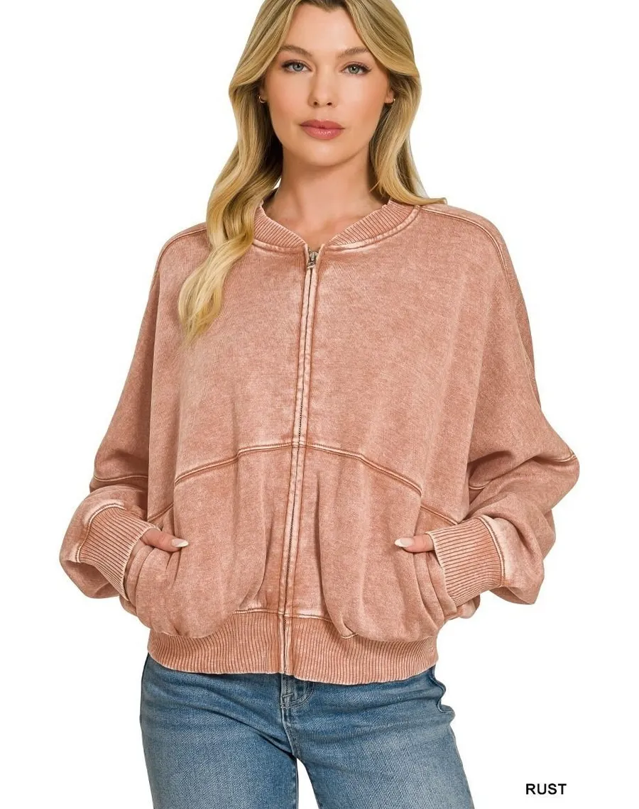Zenana Acid Washed Fleece Jacket - Rust - Small