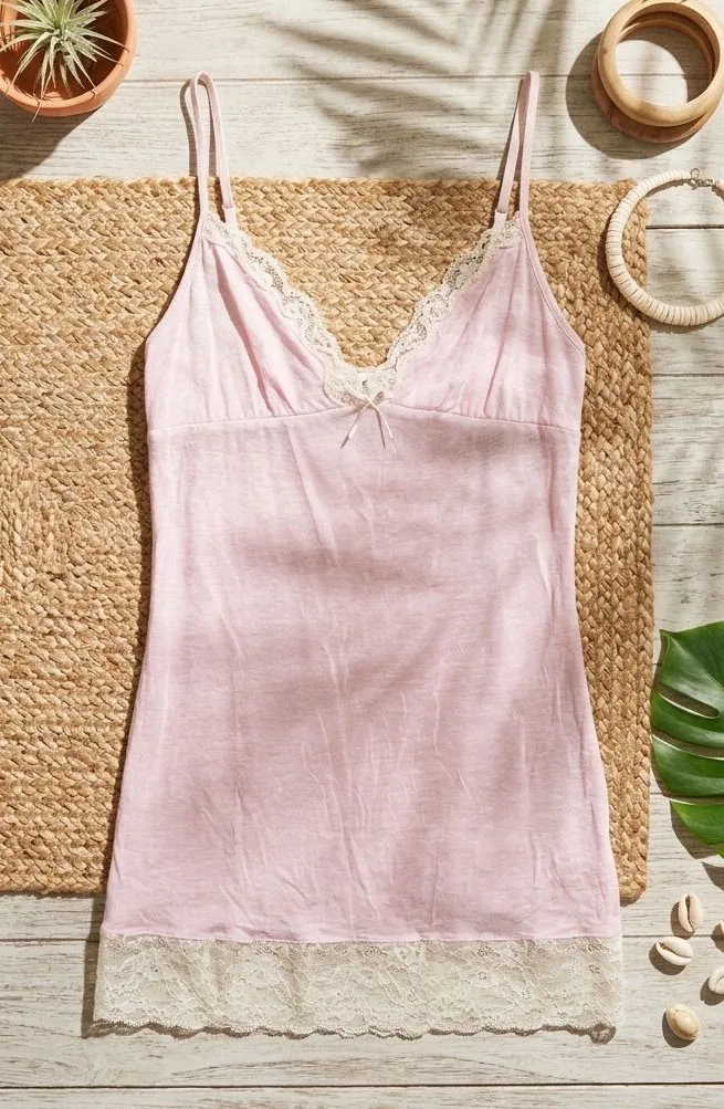 VICTORIAS SECRET Light Pink V-Neck Babydoll Nightgown | Cream Lace Hem