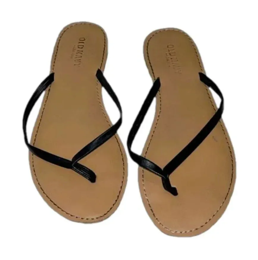 3 for $13 Flawed Old Navy thong sandals black tan pair size 8.5 vacation flats
